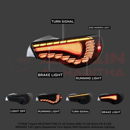 Toyota 86 GT86 FT86 Subaru BRZ Scion FR-S 2013-2020 LED Smoked Tail Light Sequential Turn Signal