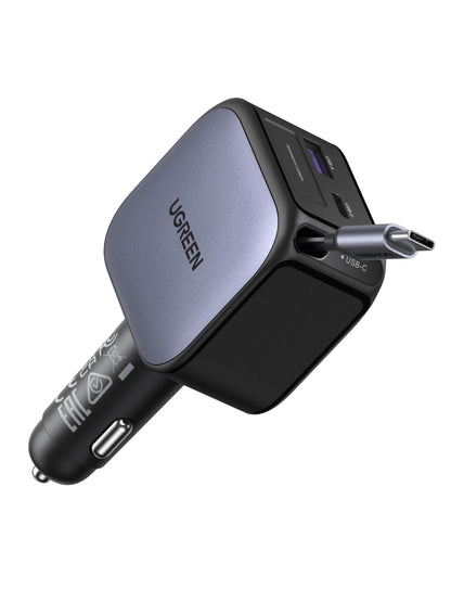 يوجرين شاحن سيارة قابل للسحب بقوة 145 واط مع كابل USB-C مدمج بقوة 60 واط بطول 70 سم، 3*USB-C منافذ+ 1*USB-A منفذ،شاحن سيارة فائق السرعة، متوافق مع iPhone 17 Pro Max، MacBook Pro/Air، Samsung S25 Ultra