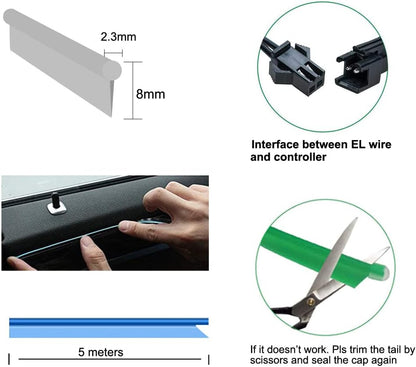 كالاكيلا شريط اضاءة LED داخلي للسيارة من اي ال واير، سلك نيون 5 متر 5 فولت USB مع حماية للمصهر، حافة خياطة 6 ملم، لتزيين السيارات (ازرق، 5 متر)