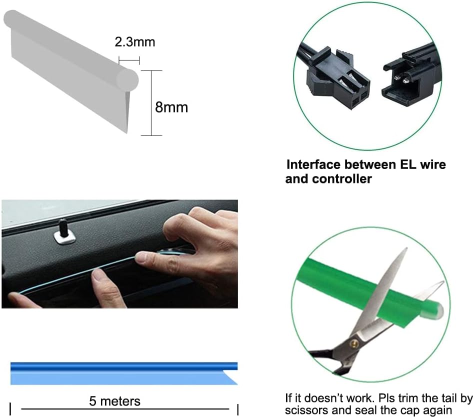 كالاكيلا أضواء شريط LED من سلك EL للداخلية السيارة، سلك نيون 5 متر 5 فولت USB مع حماية الصمامات، تقليم حافة خياطة 6 ملم، لتزيين السيارات. (أبيض، 5 متر)