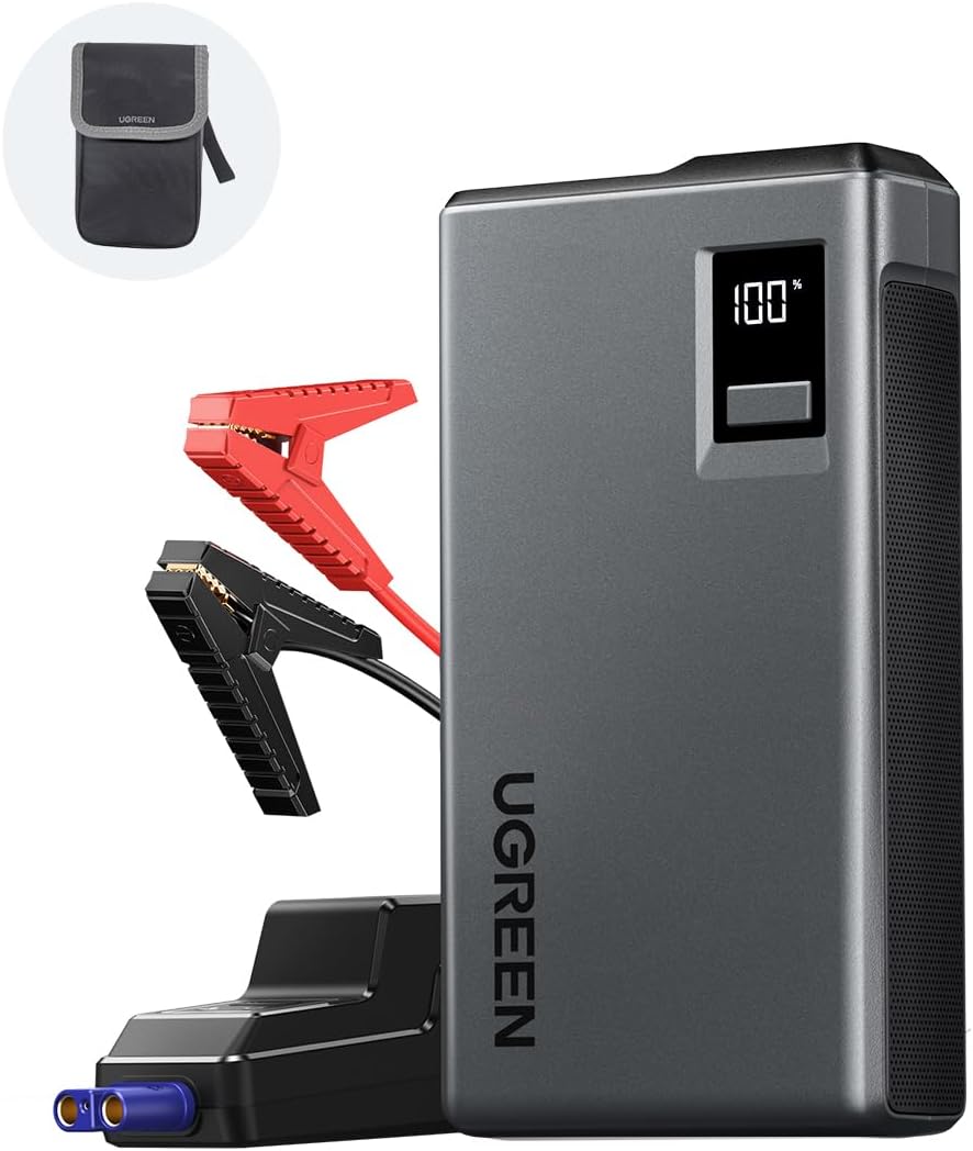 UGREEN Car Battery Jump Starter, 1000A UltraSafe 12V Battery Pack, 3 in 1 Battery Booster, Jump Box, 12000mAh Portable Power Bank with Digital Screen, Jump Leads and LED Light for Emergency and Travel