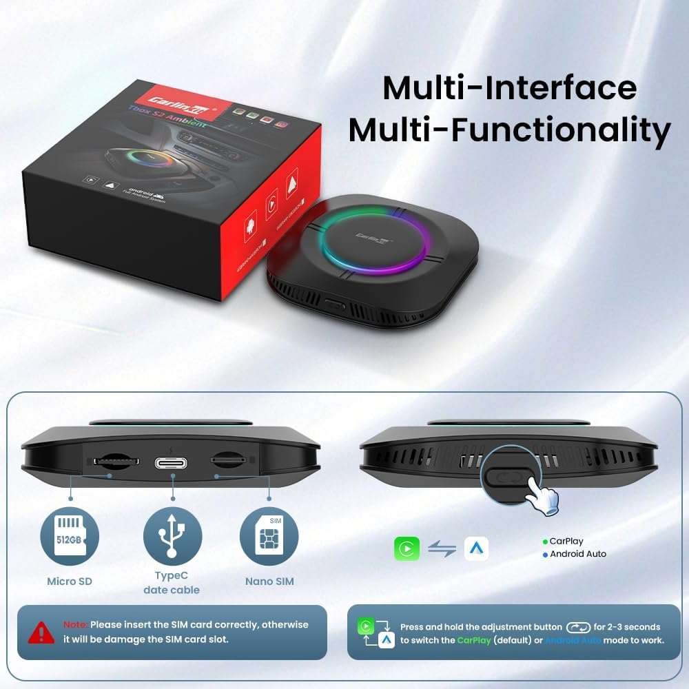 Carlinkit Tbox S2 LED, Android 13, 8+128GB with Qualcomm 8-core, 3-in-1 Wireless Adapter with CarPlay/Android Auto/Play Store/Streaming Video/Game Hub/Built-in GPS
