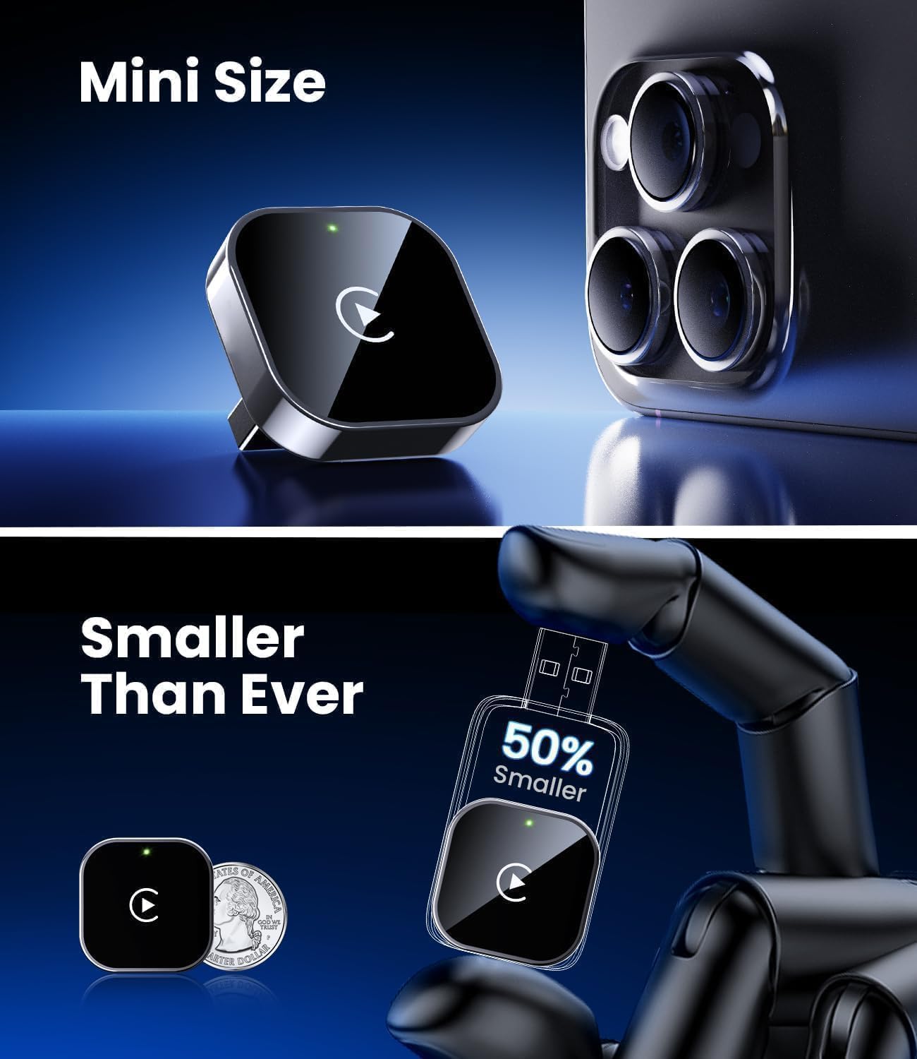 محول كاربلاي لاسلكي صغير، تصميم USB صغير، مناسب للسيارات، التوصيل والتشغيل، سهل الاستخدام، اتصال سريع ومستقر، متوافق مع ايفون/اندرويد
