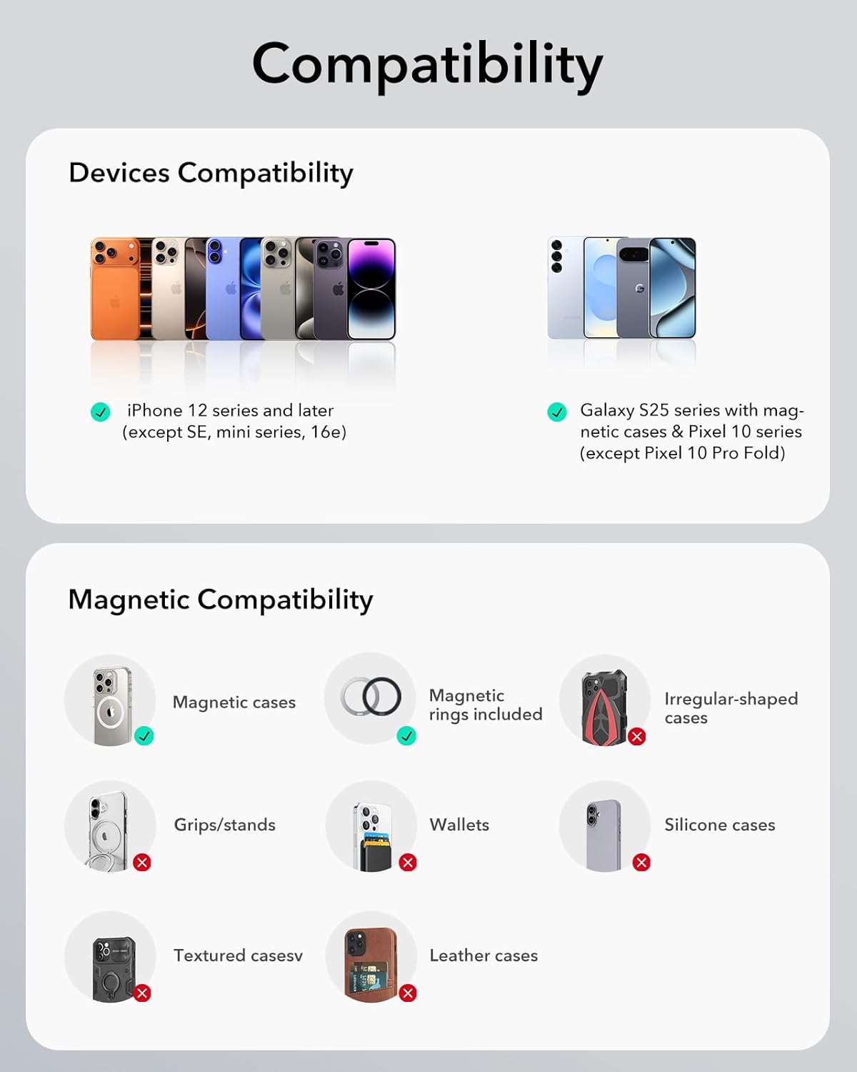 ESR Dashboard Magnetic Phone Holder for Car, for MagSafe Car Mount, Windshield Vacuum Car Mount for iPhone 17/16/16e/S25/Google Pixel 10, Car Accessories, Charging Not Supported,2 Metal Rings Included