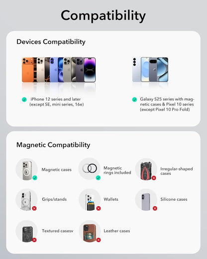ESR Dashboard Magnetic Phone Holder for Car, for MagSafe Car Mount, Windshield Vacuum Car Mount for iPhone 17/16/16e/S25/Google Pixel 10, Car Accessories, Charging Not Supported,2 Metal Rings Included