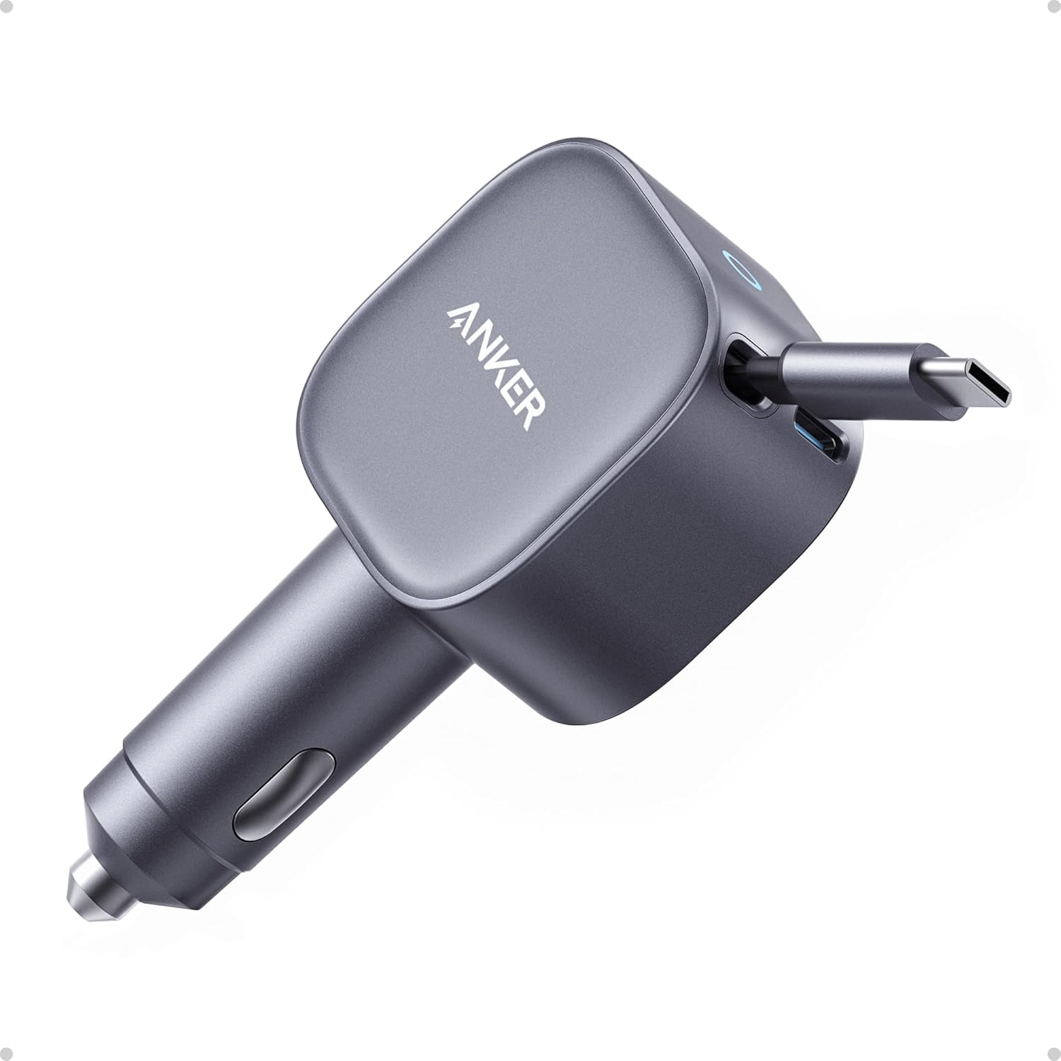 انكر شاحن سيارة USB نوع سي، شاحن سيارة سريع صغير للغاية 75 واط مع كابل مدمج قابل للسحب، متوافق مع سلسلة ايفون 17/16، سامسونج S26/S25/S24، ماك بوك برو/اير، ايباد، والمزيد