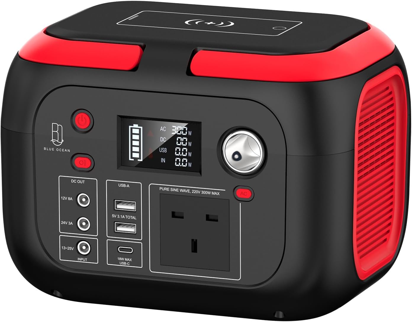 Blue Ocean Portable Power Station Solar Generator 228Wh 300W, 220V Pure Sine Wave AC Outlet, Wireless Charging, USB-C, DC Output, Rechargeable Backup Battery for Camping Travel and Home Emergency