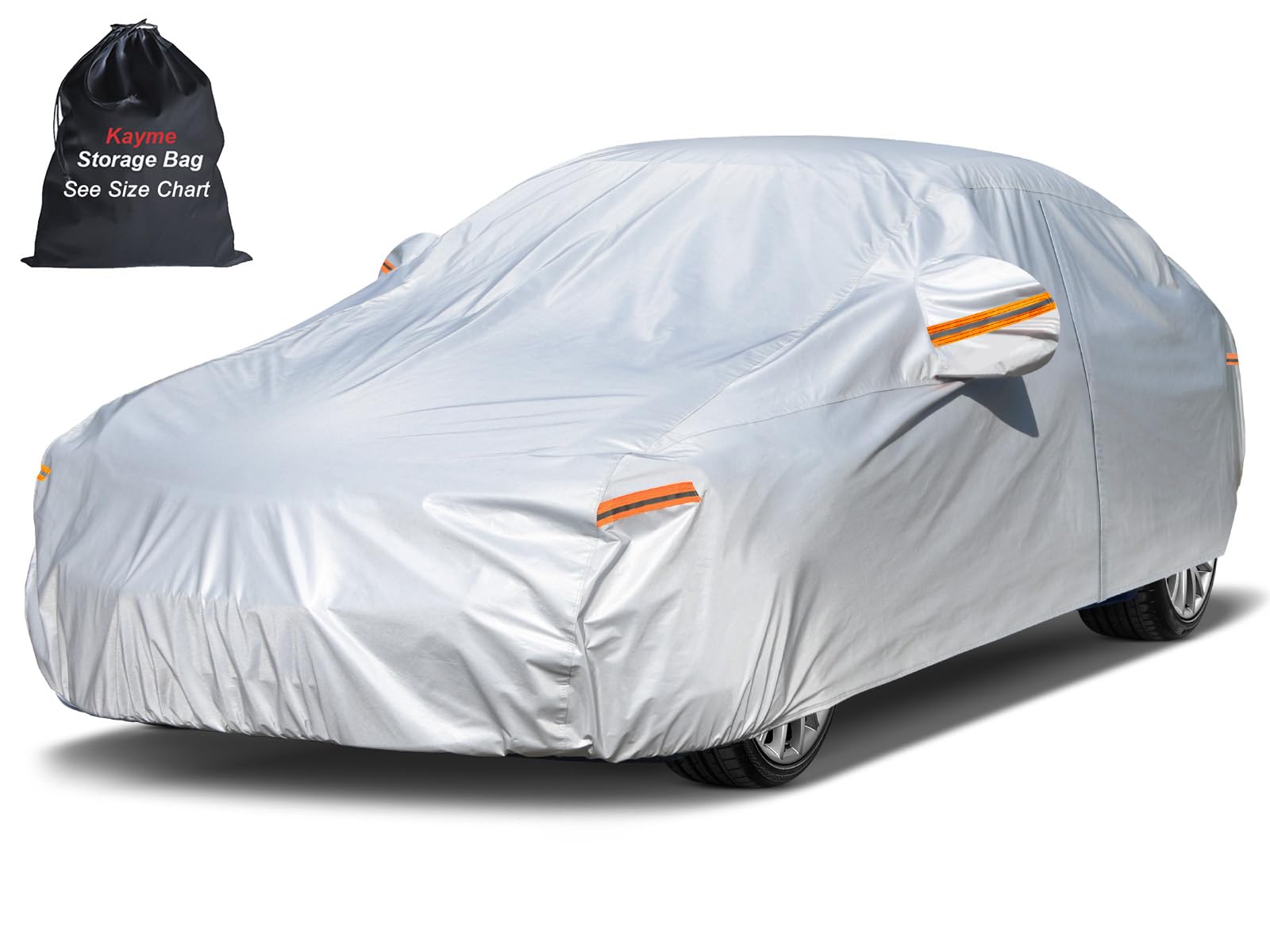 kayme 6 Layers Car Cover Waterproof All Weather for Automobiles, Outdoor Full Cover Rain Sun UV Protection with Zipper Cotton, Universal Fit for Sedan (178"-185")