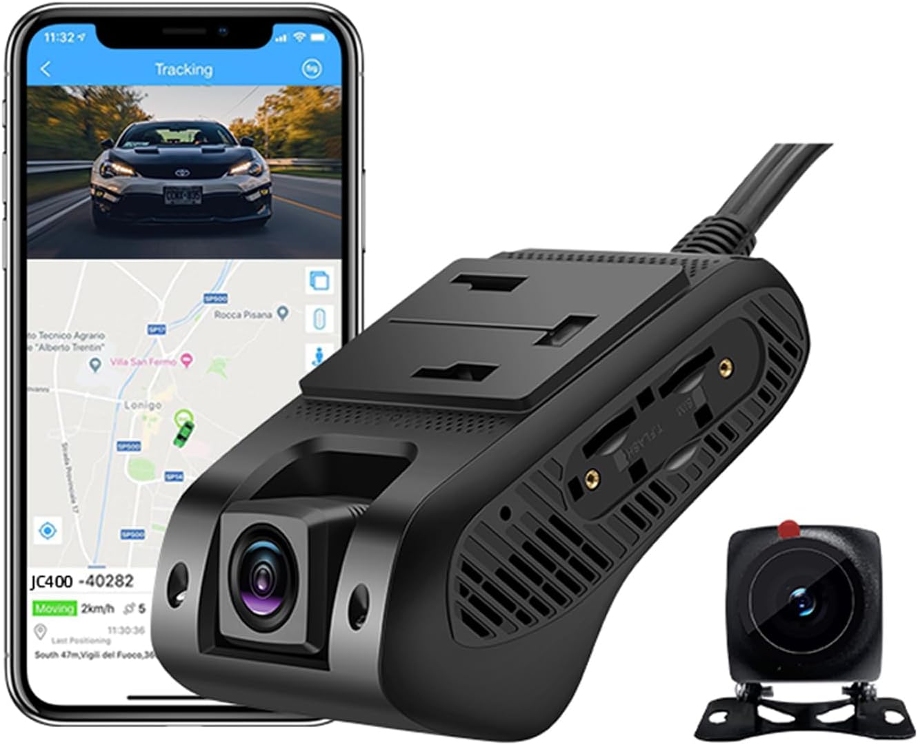 JC400 Dashcam Live Video, Driving Recorder Monitor Remotely, Front and Rear Camera CE01 Waterproof, 180-Day Route Playback, Night Version- with 10-Year Platform