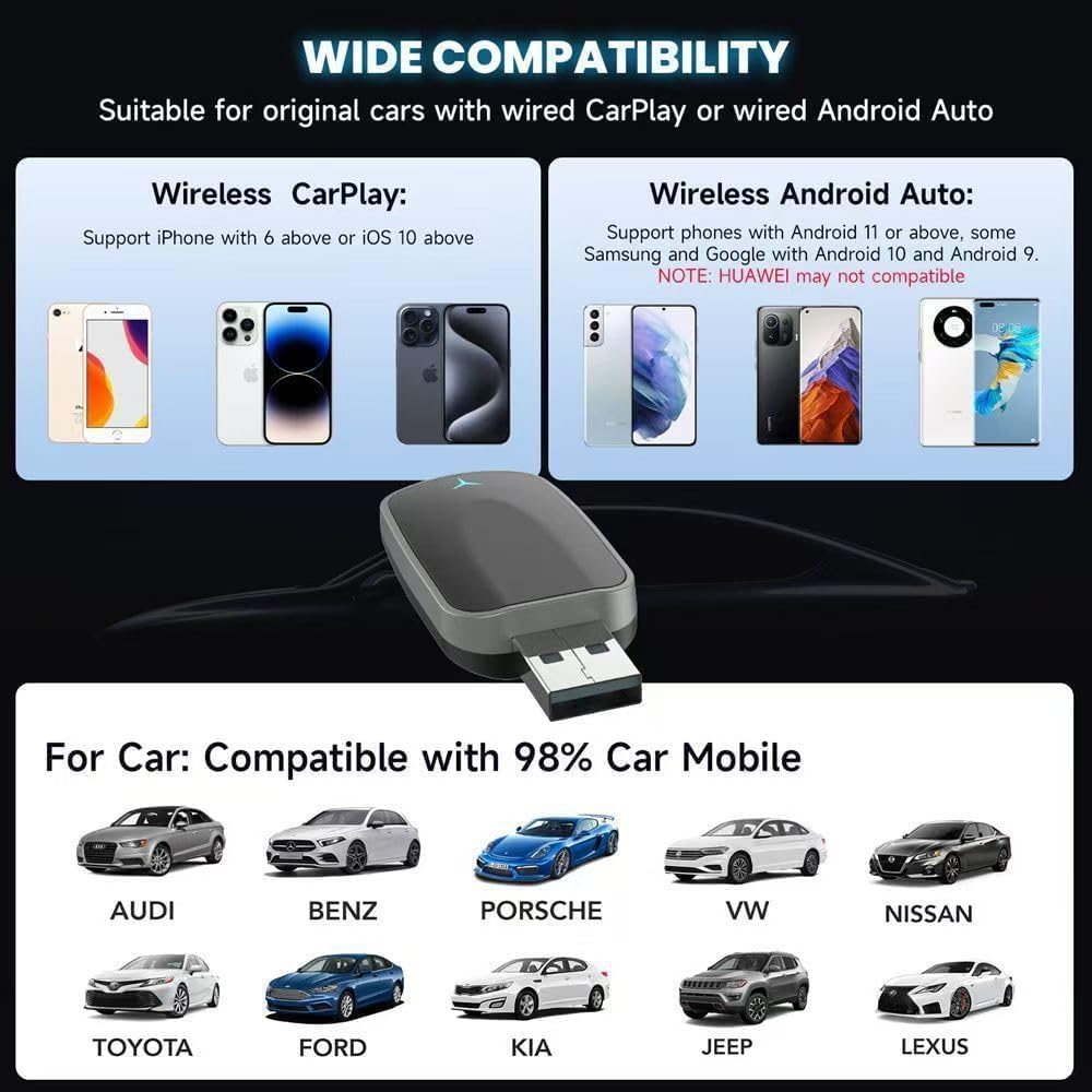 محول كاربلاي لاسلكي صغير لايفون 2025 مطور بخاصية التوصيل والتشغيل، بدون زمن انتقال، يدعم USB A/C، متوافق مع iOS 10+ والسيارات 2016+
