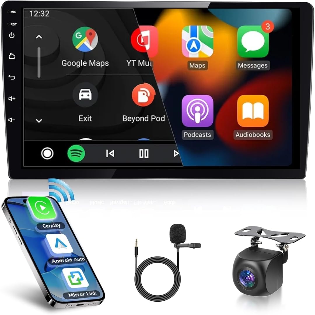 9 inch Android Car Stereo Screen 2GB RAM 32GB ROM With Apple CarPlay Android Auto Wireless WiFi DSP FM&AM BT MirrorLink Split Screen PIP GPS Navigation Video Audio Player Quick Boot