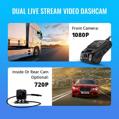 JC400 Dashcam Live Video, Driving Recorder Monitor Remotely, Front and Rear Camera CE01 Waterproof, 180-Day Route Playback, Night Version- with 10-Year Platform