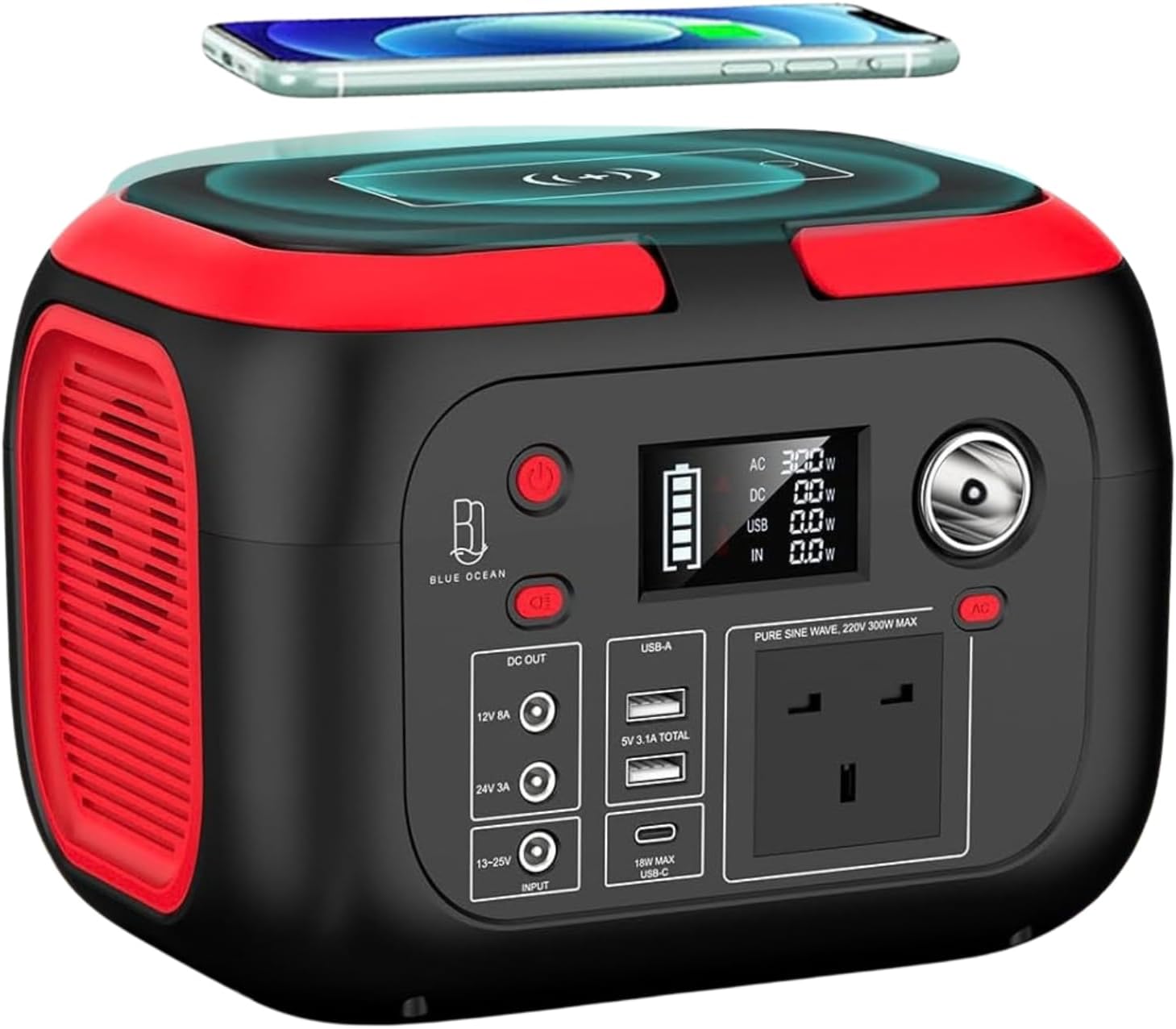 Blue Ocean Portable Power Station Solar Generator 228Wh 300W, 220V Pure Sine Wave AC Outlet, Wireless Charging, USB-C, DC Output, Rechargeable Backup Battery for Camping Travel and Home Emergency