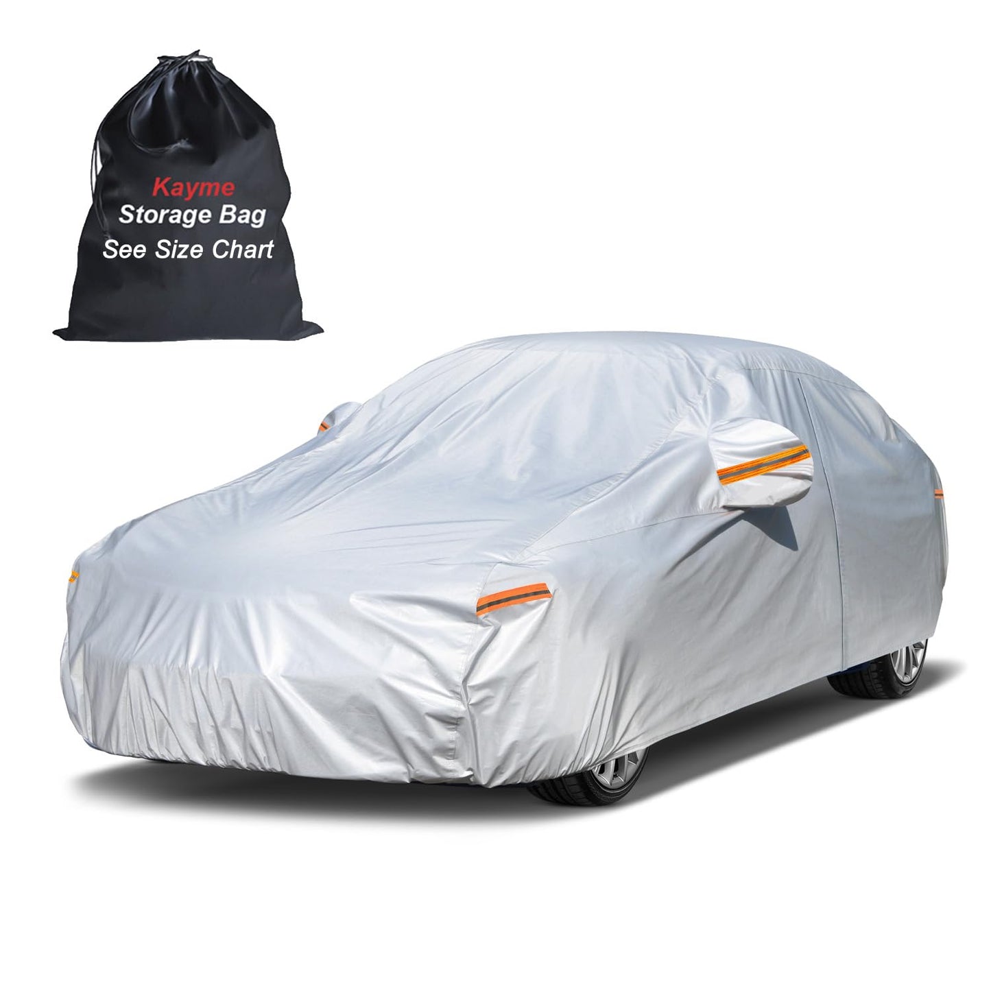 kayme 6 Layers Car Cover Waterproof All Weather for Automobiles, Outdoor Full Cover Rain Sun UV Protection with Zipper Cotton, Universal Fit for Sedan (178"-185")