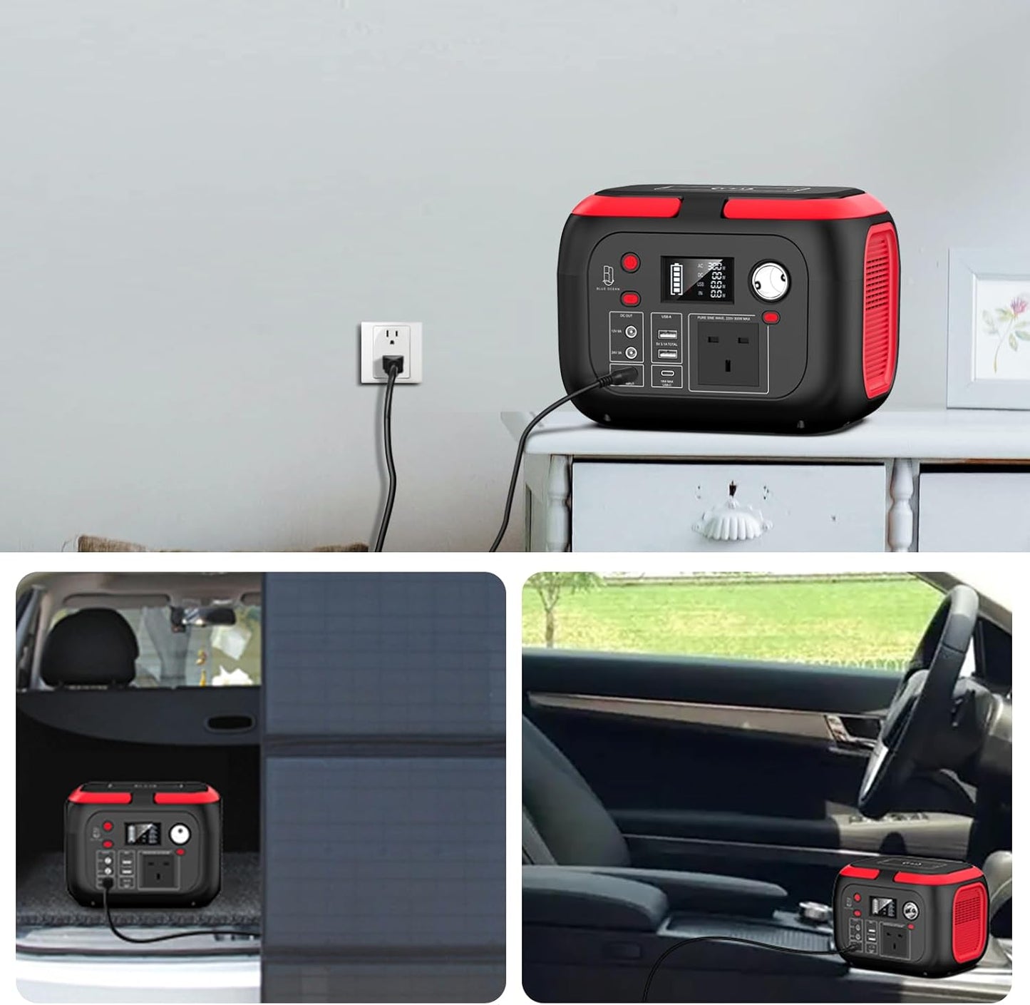 Blue Ocean Portable Power Station Solar Generator 228Wh 300W, 220V Pure Sine Wave AC Outlet, Wireless Charging, USB-C, DC Output, Rechargeable Backup Battery for Camping Travel and Home Emergency