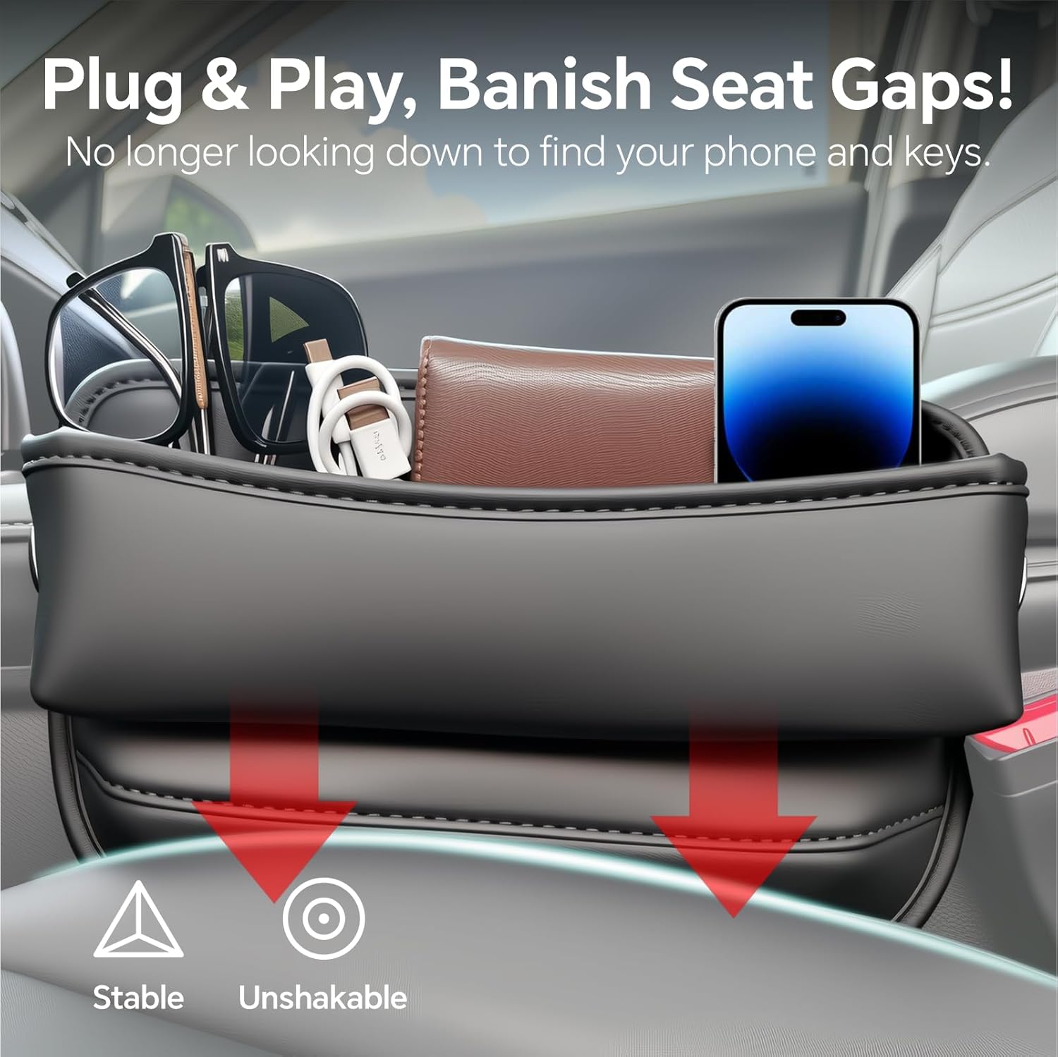 Baytion Car Seat Gap Organizer Multifunctional Car Seat Storage Box PU Leather Car Seat Gap Filler Universal Side Seat Space Organizer for Phones Money Cards Keys and Glasses (Black, 2PC)