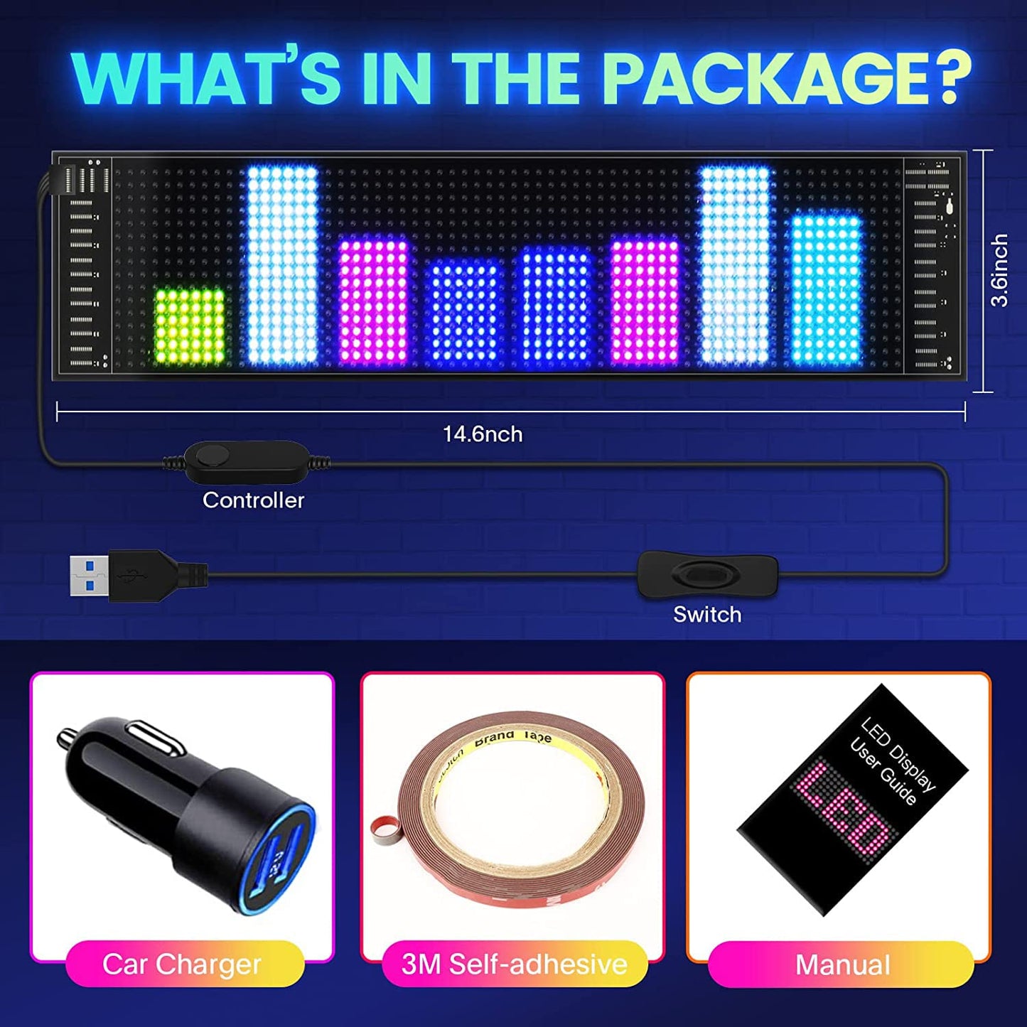 لافتة سيارة LED من فديكس - لوحة مصفوفة LED مرنة مقاس 14.6×3.6 بوصة، شاشة رقمية LED بتقنية RGB، تحكم بلوتوث وتطبيق، لافتة LED قابلة للبرمجة قابلة للتخصيص للتحكم الذاتي، لافتة LED مخصصة للسيارة والمتجر