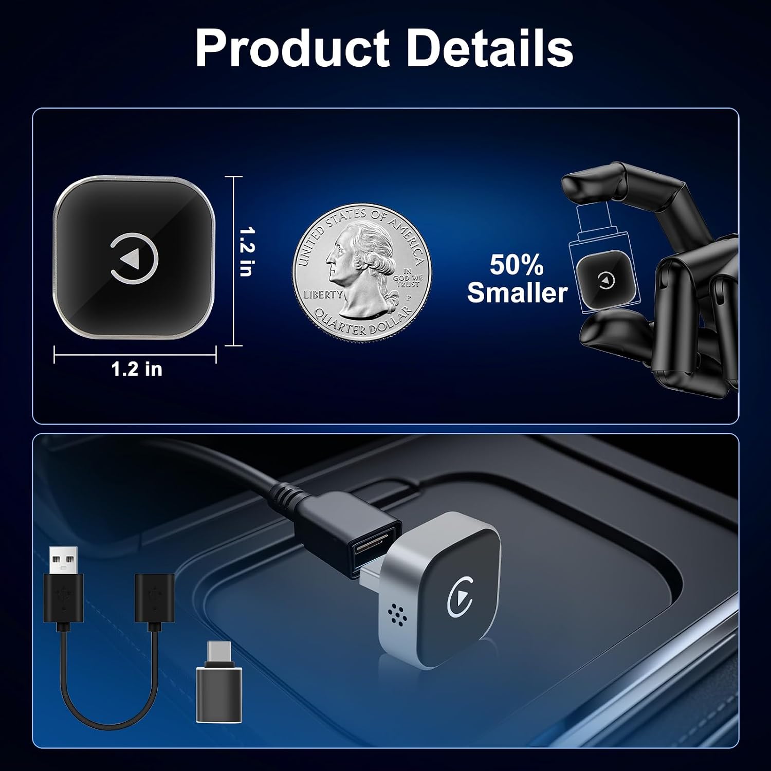 Wireless CarPlay Adapter for iPhone & Android Auto 2-in-1, Upgrade Wired to Wireless with Auto-Connect, Plug & Play USB/Type C for Cars with Built-in Wired CarPlay, Lifetime OTA Updates