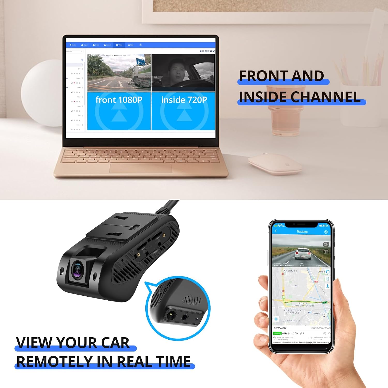JC400P Dash Cam Live Video 4G, GPS Real Time Monitor 24H Remotely, Front and Inside Camera, Night Version- with SOS Alert, Fence Alert, 180-Day Playback