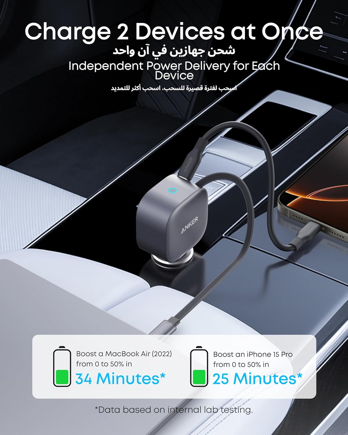 انكر شاحن سيارة USB نوع سي، شاحن سيارة سريع صغير للغاية 75 واط مع كابل مدمج قابل للسحب، متوافق مع سلسلة ايفون 17/16، سامسونج S26/S25/S24، ماك بوك برو/اير، ايباد، والمزيد