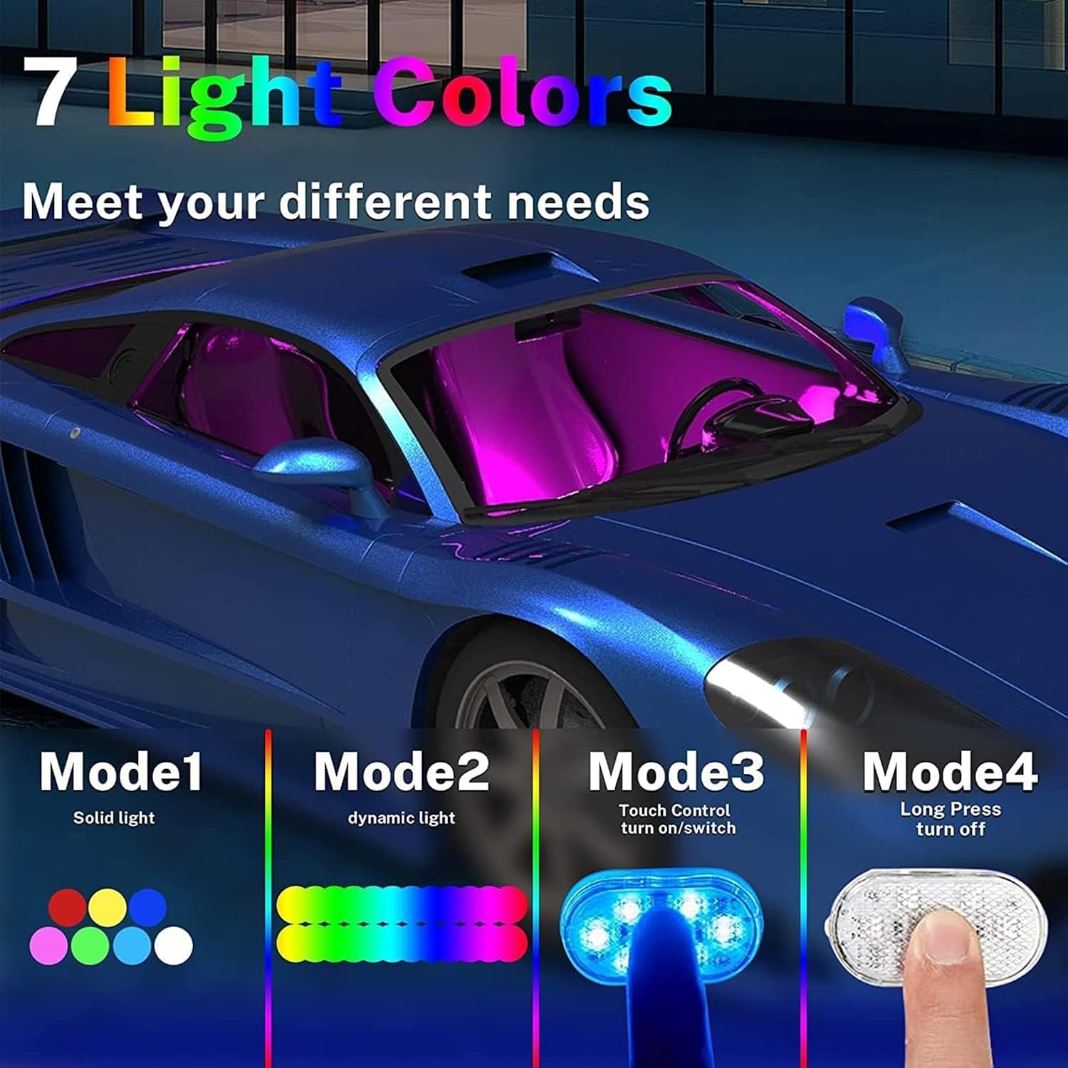 مصابيح LED داخلية للسيارة من جويز، 4 قطع من مصابيح LED لاسلكية للسيارة مع 7 الوان تاثير رائع، مصابيح LED داخلية للسيارة مع USB قابلة لاعادة الشحن، مصابيح داخلية مغناطيسية سهلة التركيب لجميع السيارات