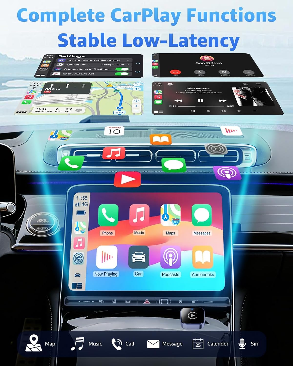 محول لاسلكي ومحول اندرويد اوتو من كاربلاي، ترقية 2026 2 في 1 للتوصيل والتشغيل، دونجل USB/USB-C، يحول سلكي الى لاسلكي للسيارات، اتصال سريع ومستقر، يناسب ايفون واندرويد، ازرق كحلي