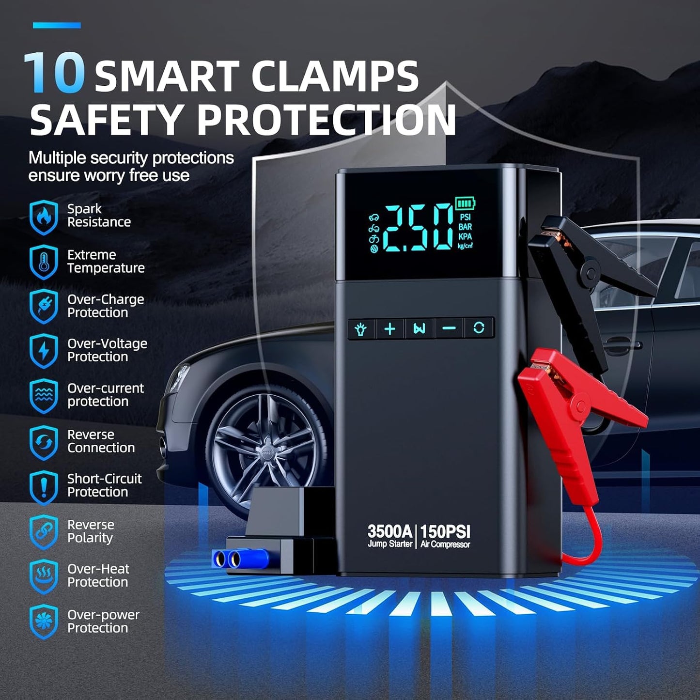Violety Portable Car Jump Starter with Air Compressor, 3500A150PSI Car Battery Jump Starter Battery Pack (All Gas/5L Diesel),12V Automotive Jump Box Starter, Large LCD Display,2 Lights