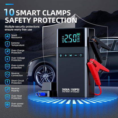 Violety Portable Car Jump Starter with Air Compressor, 3500A150PSI Car Battery Jump Starter Battery Pack (All Gas/5L Diesel),12V Automotive Jump Box Starter, Large LCD Display,2 Lights