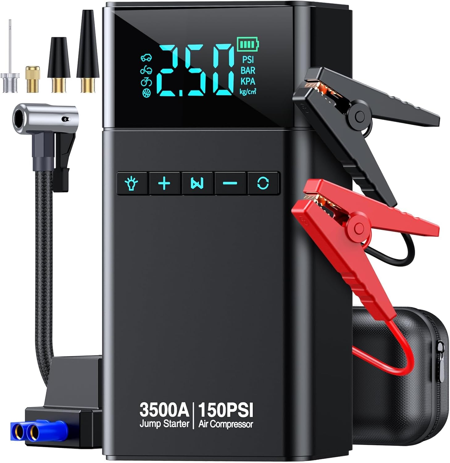 Violety Portable Car Jump Starter with Air Compressor, 3500A150PSI Car Battery Jump Starter Battery Pack (All Gas/5L Diesel),12V Automotive Jump Box Starter, Large LCD Display,2 Lights