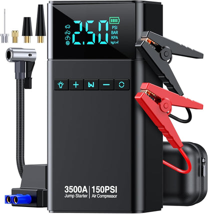 Violety Portable Car Jump Starter with Air Compressor, 3500A150PSI Car Battery Jump Starter Battery Pack (All Gas/5L Diesel),12V Automotive Jump Box Starter, Large LCD Display,2 Lights