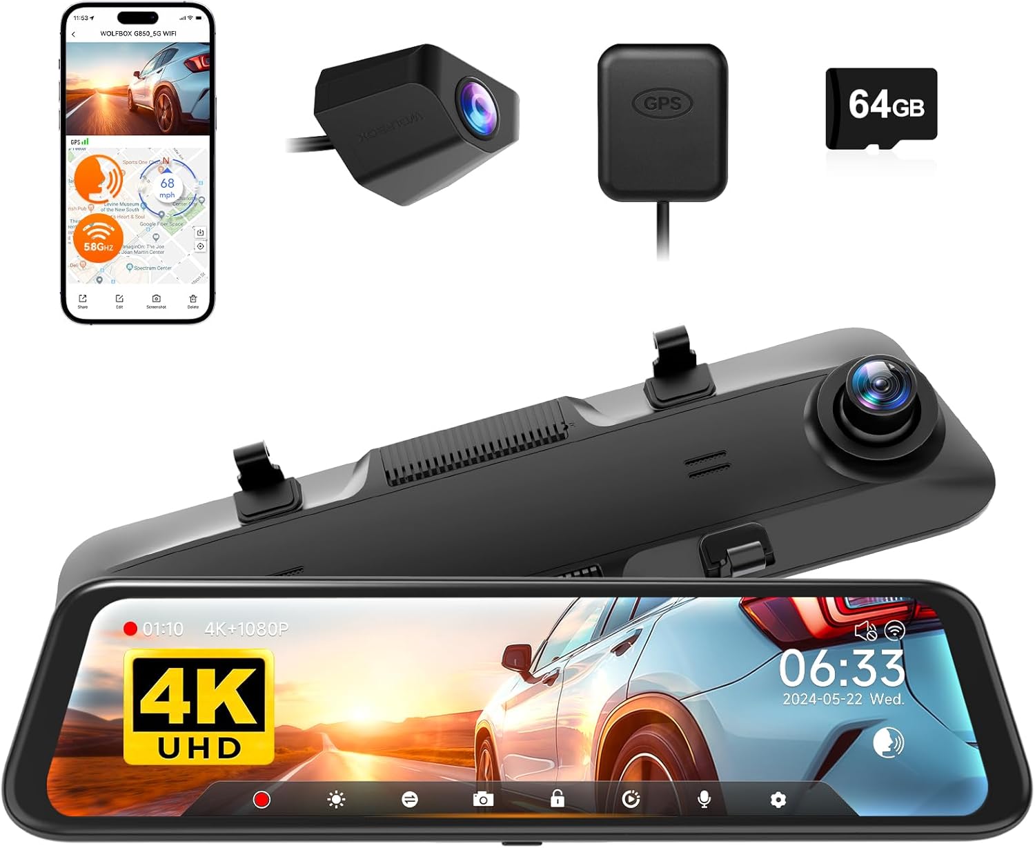 WOLFBOX G850 12" 4K Rear View Mirror Camera with 5.8GHz WiFi and Voice Control, Smart Mirror Dash Cam Front and Rear, Backup Camera with 1080P Rear Camera, Dash Cam with WDR, Includes 64GB Card & GPS