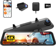 WOLFBOX G850 12" 4K Rear View Mirror Camera with 5.8GHz WiFi and Voice Control, Smart Mirror Dash Cam Front and Rear, Backup Camera with 1080P Rear Camera, Dash Cam with WDR, Includes 64GB Card & GPS