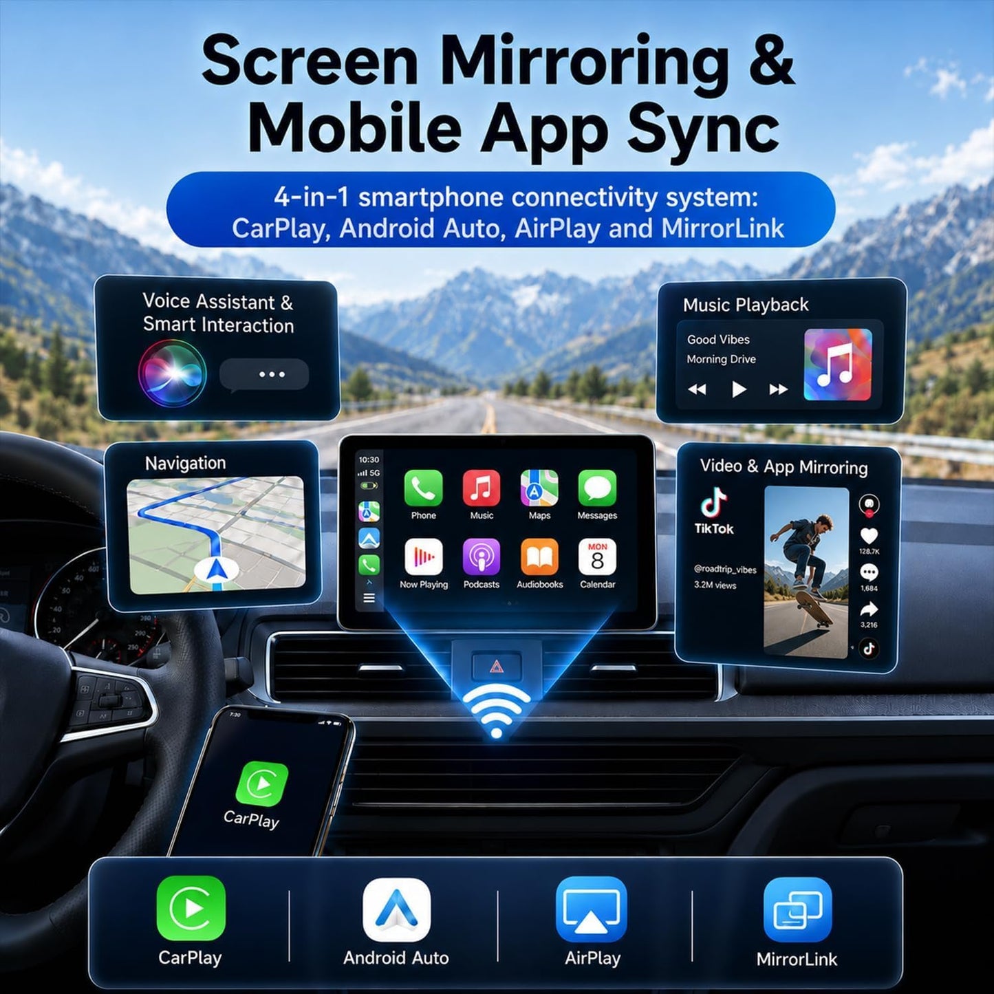 4 in 1 Wireless CarPlay Adapter, For Factory Wired CarPlay Cars, 5.8Ghz Stable, Screen Mirroring, Android Auto, Bluetooth Calling, Universal for iPhone Android (black white)