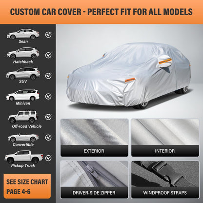 kayme 6 Layers Car Cover Waterproof All Weather for Automobiles, Outdoor Full Cover Rain Sun UV Protection with Zipper Cotton, Universal Fit for Sedan (178"-185")