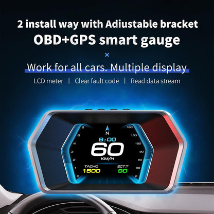 بينكي شاشة عرض أمامية P17 للسيارات، شاشة عرض OBD2 ذكية للسيارة، عداد سرعة GPS مع سرعة المركبة، عدد الدورات في الدقيقة، استهلاك الوقود، الجهد الكهربي، أداة ذكية متعددة البيانات لجميع السيارات
