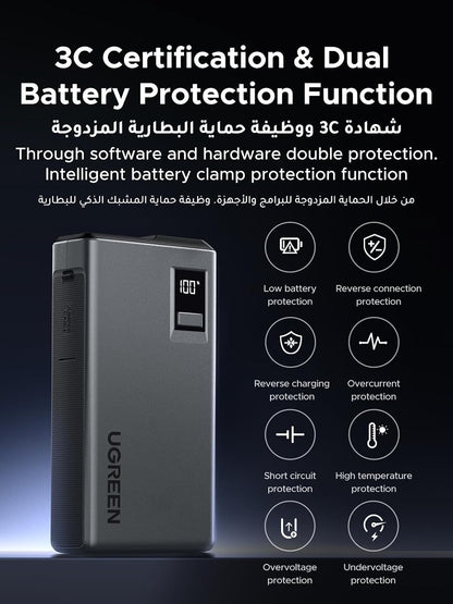 يوجرين 1000A باور بانك لسيارة القفز، 12000mAh المحمولة تعزيز البطارية مع كابلات القفز الذكية LED ضوء شاشة رقمية لمحركات البنزين 6.0 لتر 3.5 لتر الديزل والطوارئ