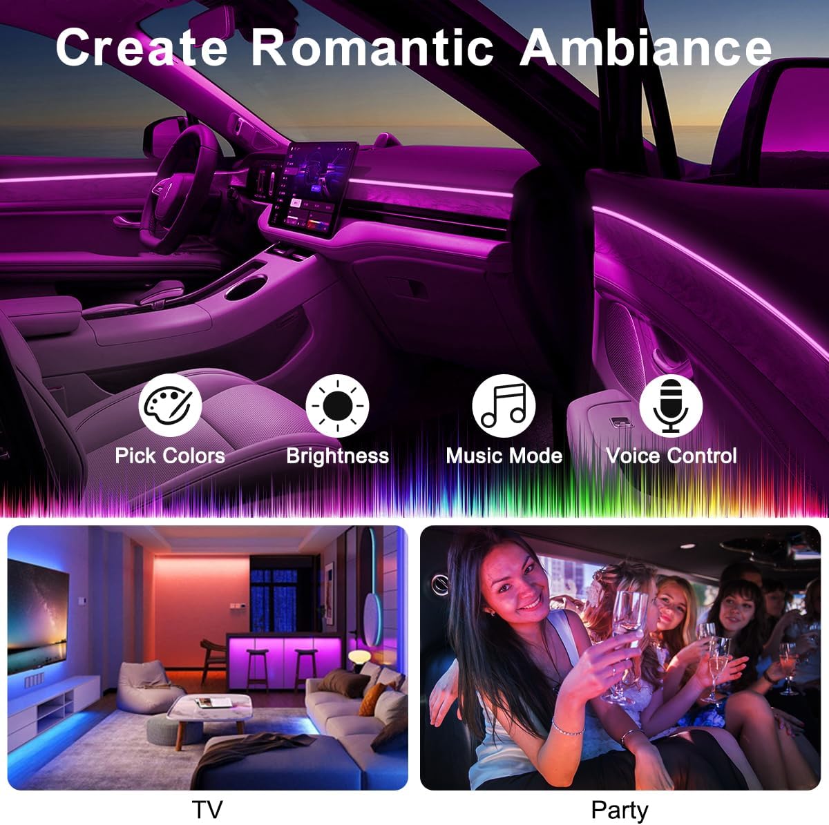 شريط اضاءة LED داخلي للسيارة بتحكم عن طريق التطبيق، 5 في 1 RGB 16 مليون لون، مجموعة اضاءة محيطة مع الياف بصرية 275 انش، وضع الموسيقى لتزيين اضاءة السيارة الداخلية