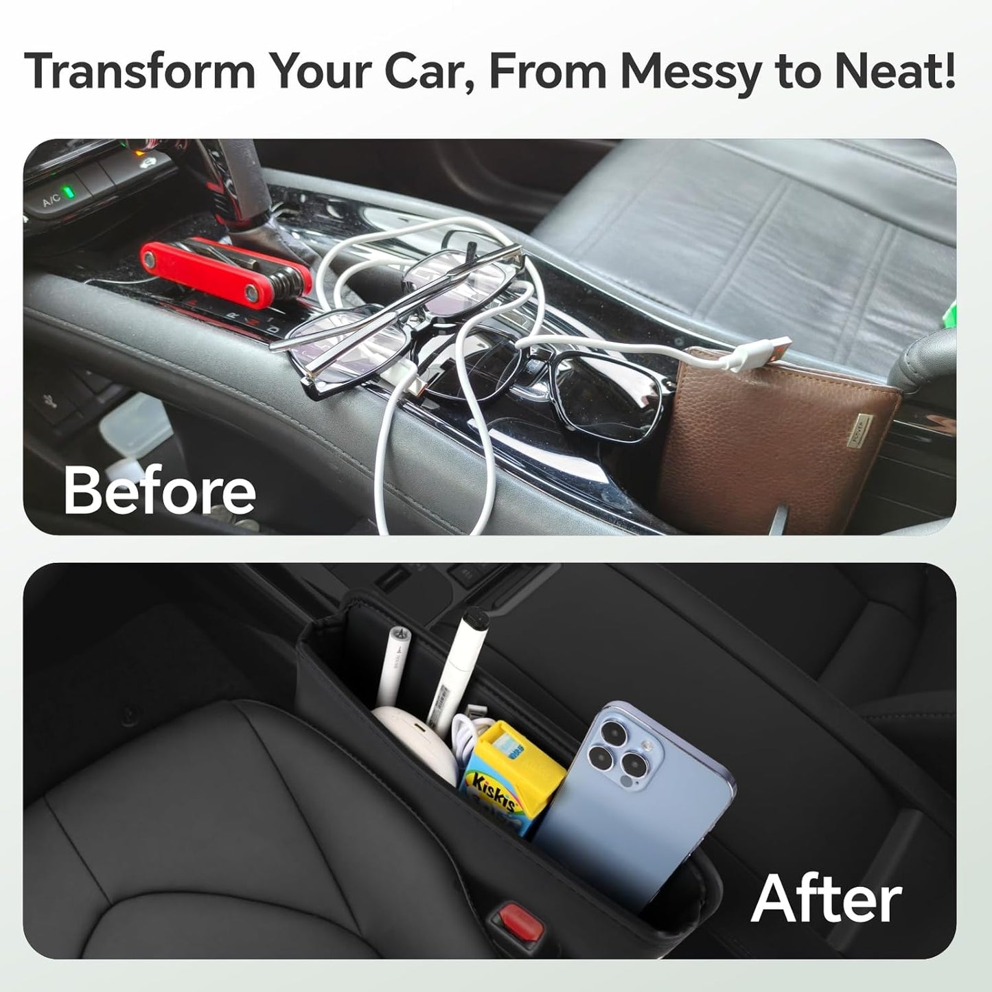 Baytion Car Seat Gap Organizer Multifunctional Car Seat Storage Box PU Leather Car Seat Gap Filler Universal Side Seat Space Organizer for Phones Money Cards Keys and Glasses (Black, 2PC)