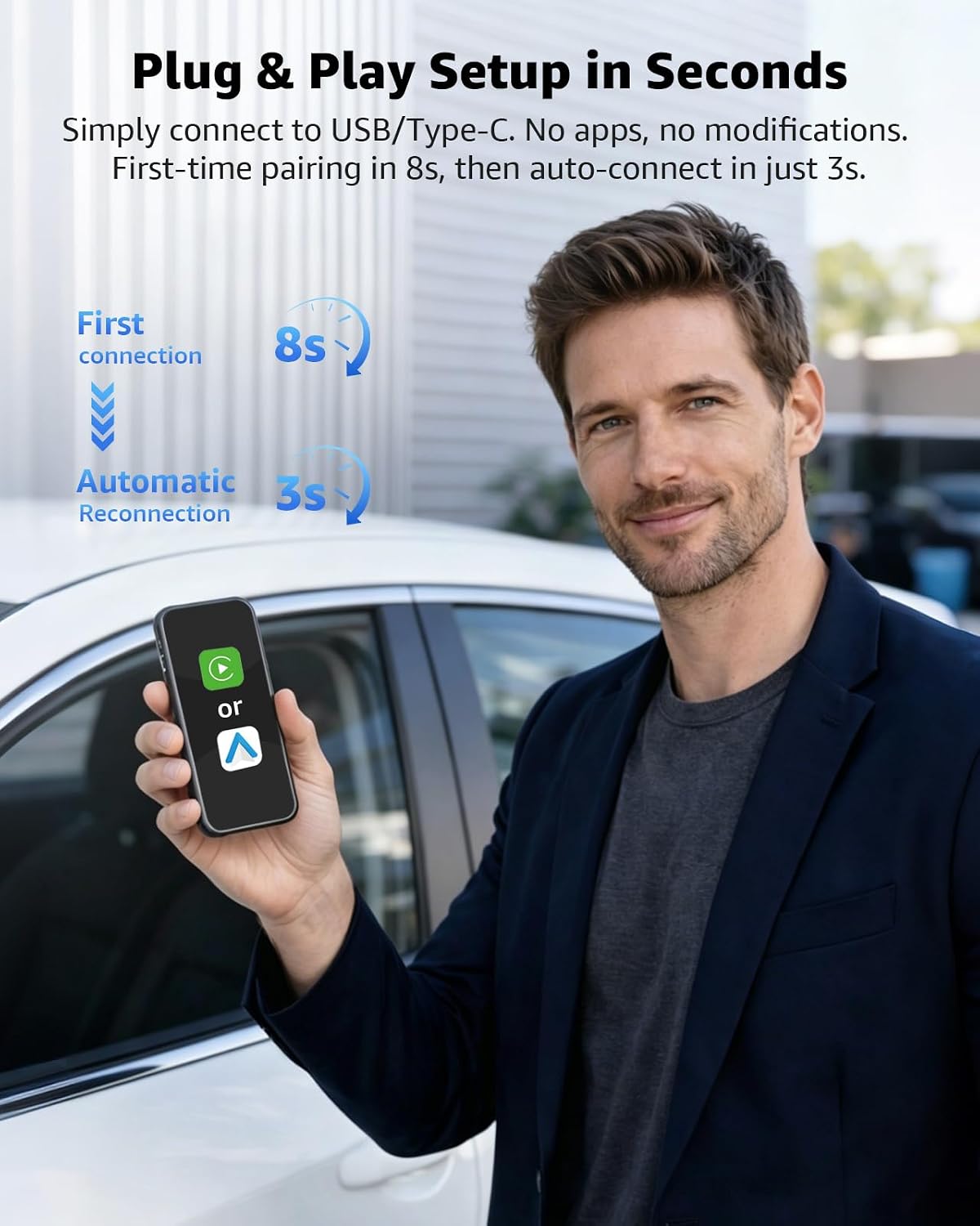 CarPlay Wireless Adapter & Android Auto Adapter, 2026 Upgrade 2-in-1 Plug & Play USB/USB-C Dongle, Converts Wired to Wireless for Cars, Fast Stable Connection, Fits iPhone & Android, Silver