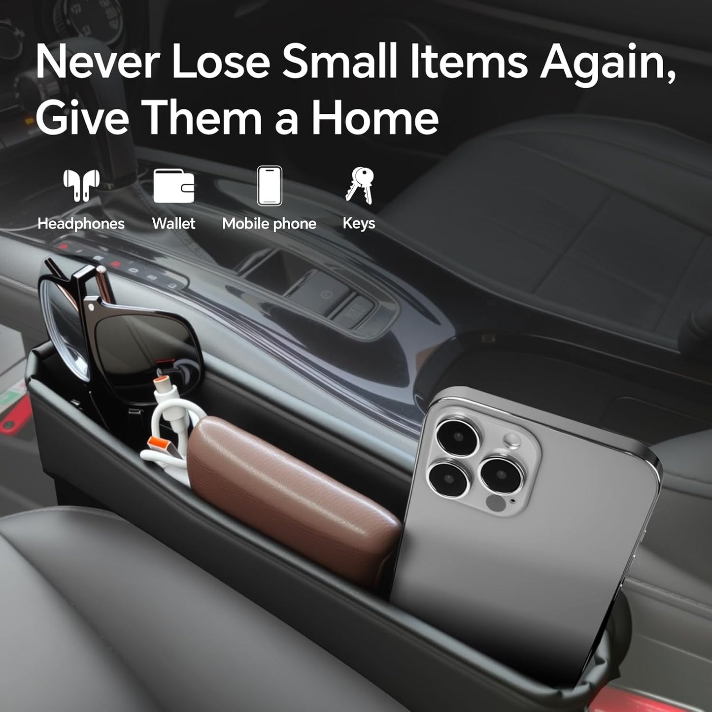 Baytion Car Seat Gap Organizer Multifunctional Car Seat Storage Box PU Leather Car Seat Gap Filler Universal Side Seat Space Organizer for Phones Money Cards Keys and Glasses (Black, 2PC)