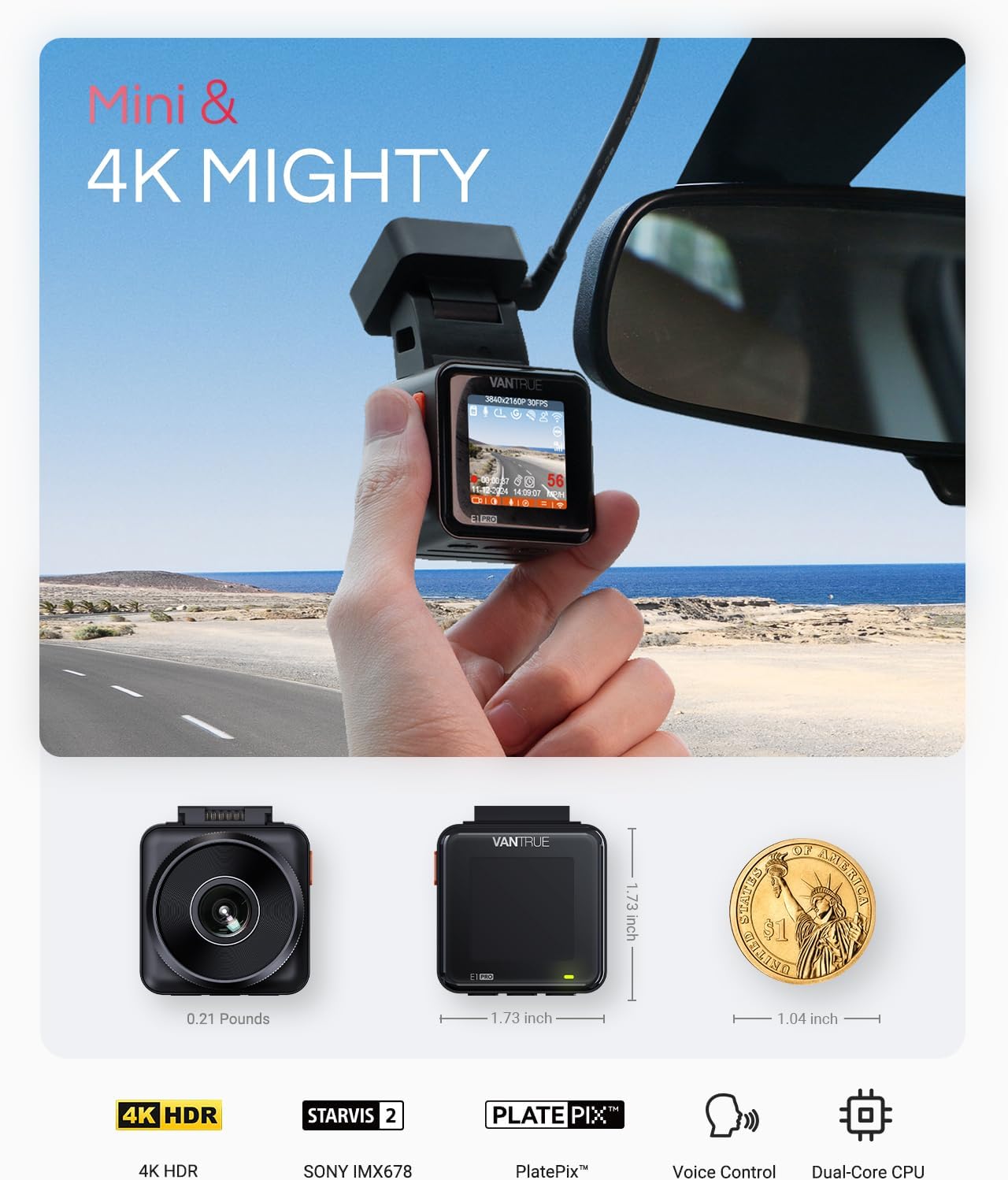 فانترو E1 برو كاميرا لوحة القيادة 4K صغيرة أمامية، كاميرا سيارة ستارفيس 2 بليتسبيكس™ برؤية ليلية عالية الدقة، واي فاي 5G GPS مدمج، شاشة IPS مقاس 1.54 بوصة، دعم LTE، تحكم صوتي، وضع وقوف بتخزين مؤقت 24