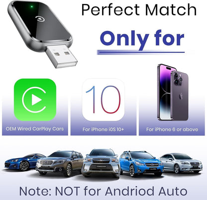 Wireless CarPlay Adapter for iPhone, USB-C CarPlay Dongle, Mini Plug & Play Bluetooth Adapter to Convert Wired to Wireless Car Play, USB/Type-C, No Delay