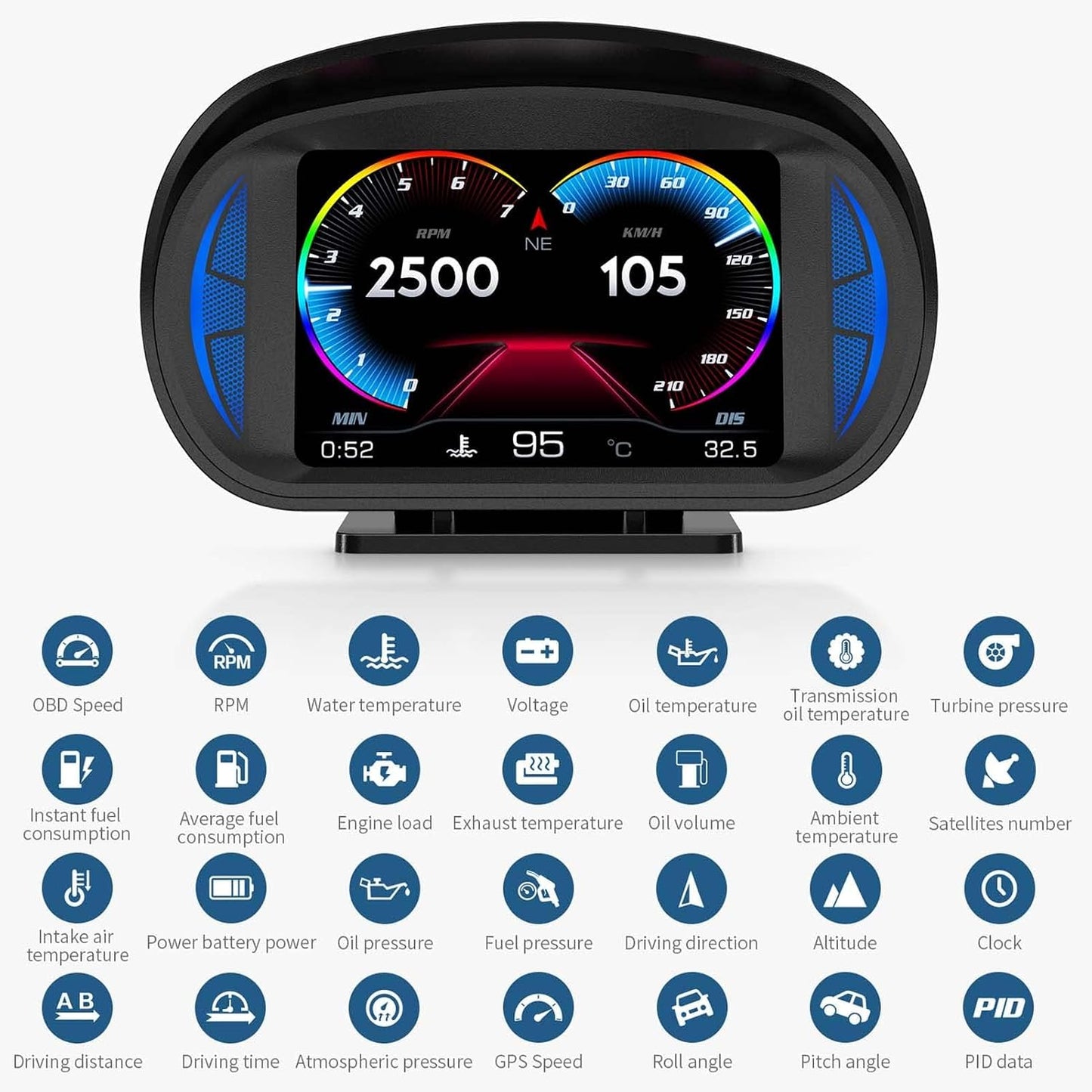 عداد سرعة رقمي OBD2 من تيرفي، شاشة عرض عالمية (اتش يو دي)، مع شاشة رقمية متعددة الوظائف وأعداد منبه متعددة، مع سرعة ومقياس سرعة الدوران واستكشاف الأخطاء وإصلاحها، لمعظم المركبات بعد عام 2008