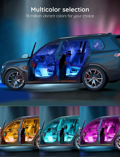 مصابيح سيارة LED من جوفي، مصابيح داخلية ذكية للسيارة مع نظام تحكم عبر تطبيق، مصابيح RGB داخل السيارة بوضع يدوي ووضع موسيقى بتصميم خطين، 4 * 0.72 قدم شرائط إضاءة للسيارات مع شاحن سيارة، 12 فولت