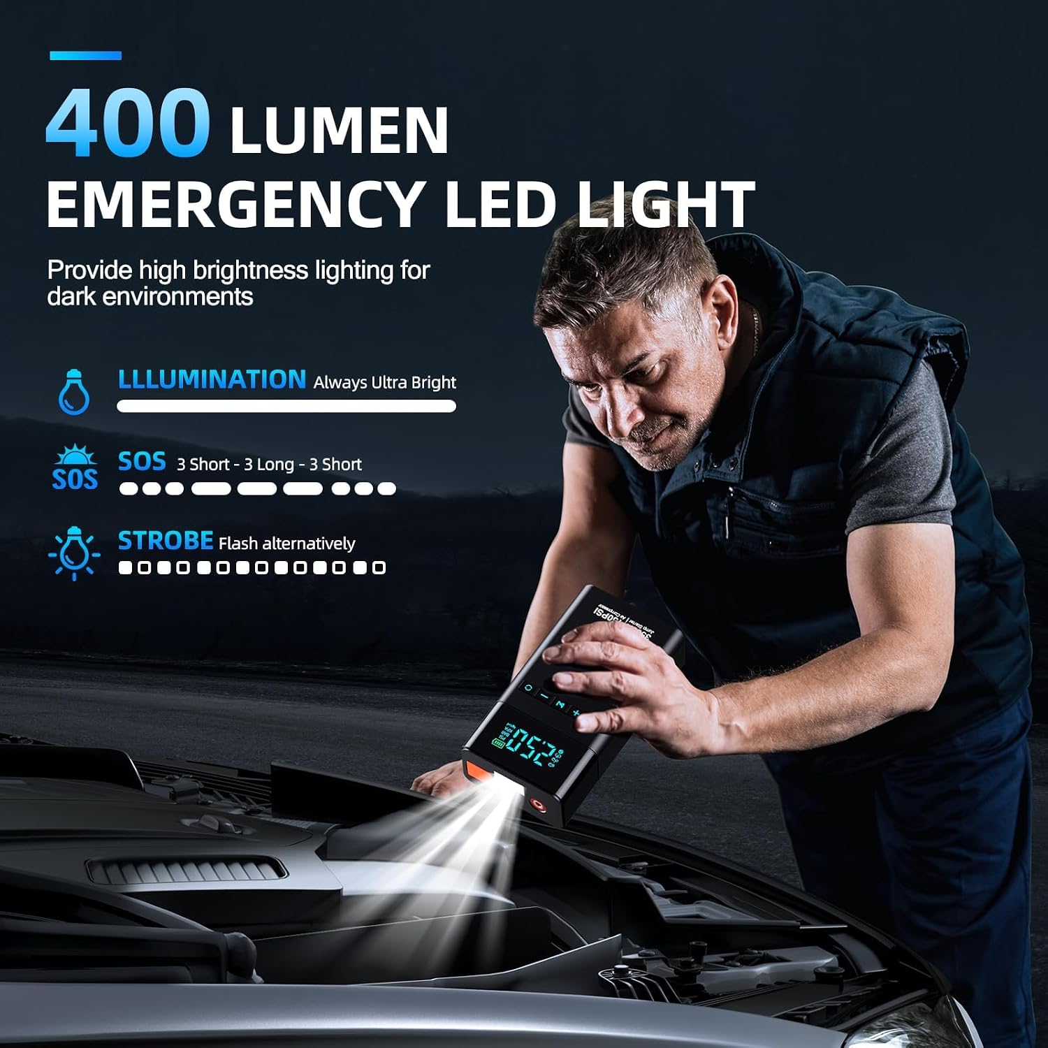 Violety Portable Car Jump Starter with Air Compressor, 3500A150PSI Car Battery Jump Starter Battery Pack (All Gas/5L Diesel),12V Automotive Jump Box Starter, Large LCD Display,2 Lights