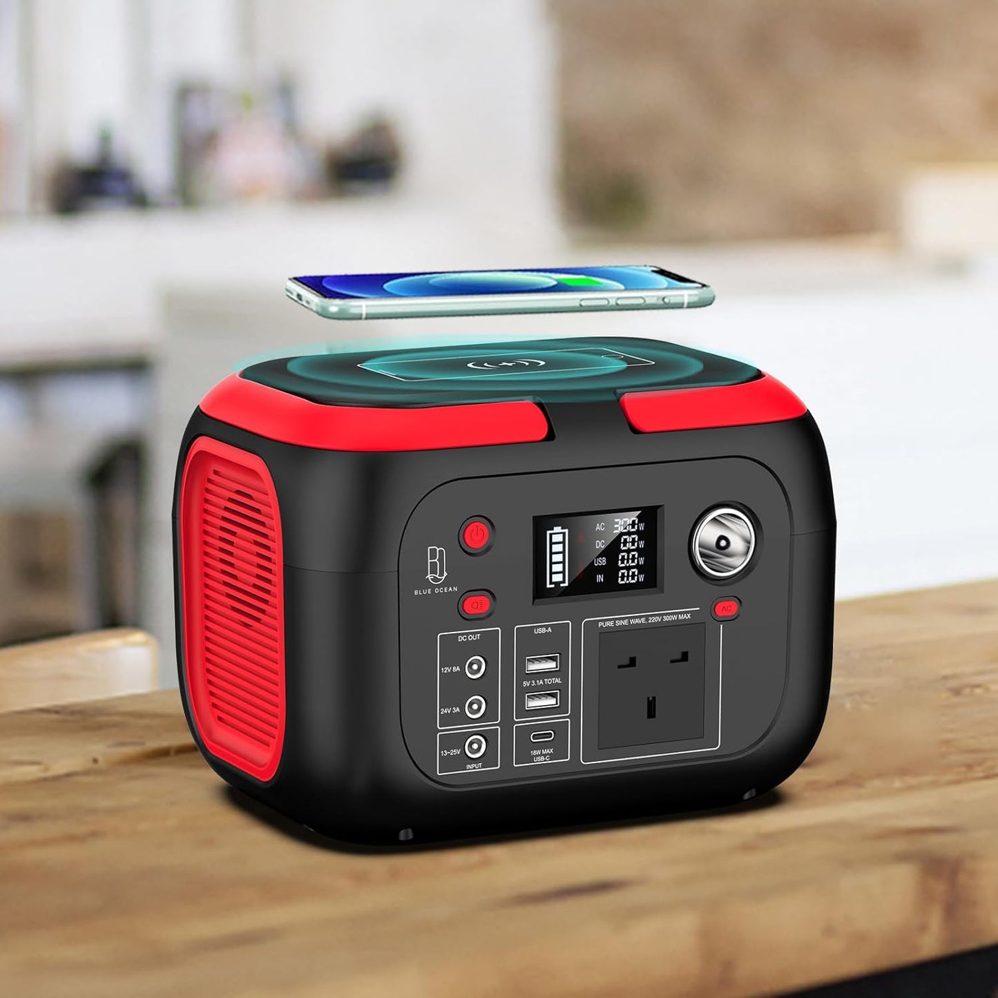Blue Ocean Portable Power Station Solar Generator 228Wh 300W, 220V Pure Sine Wave AC Outlet, Wireless Charging, USB-C, DC Output, Rechargeable Backup Battery for Camping Travel and Home Emergency