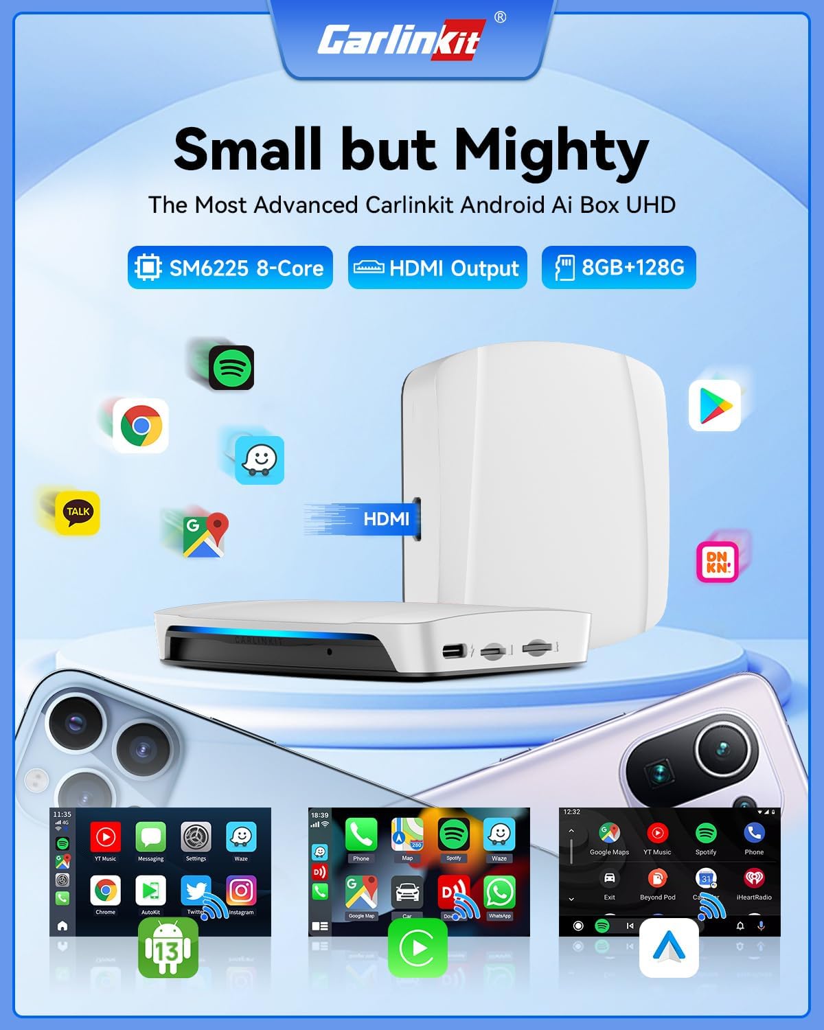 صندوق ذكاء اصطناعي اندرويد عالي المستوى من كارلينكيت، وضع سينما HDMI، مدفوع من كوالكوم 6225 مع 8+128GB، بطاقة SIM TF، جوجل بلاي مدمج، يعمل فقط مع كاربلاي سلكي اندرويد اوتو من المصنع
