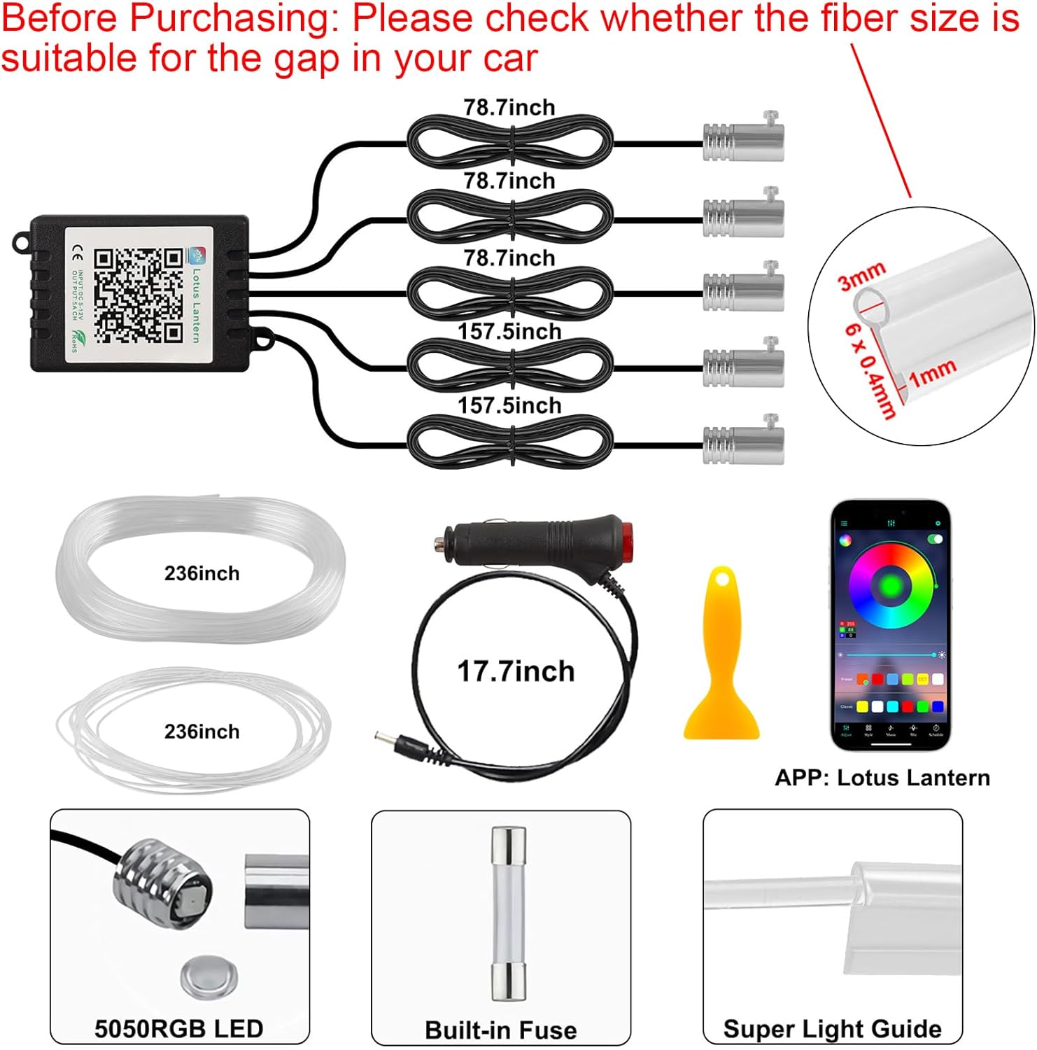 QVEVDACAR Car LED Strip Lights, LEDCARE Multicolor Interior Car Lights,16 Million Colors 5 in 1 Ambient Lighting Kit with 236 inches Fiber Optic, Function and Wireless APP Control (5 in 1 APP)