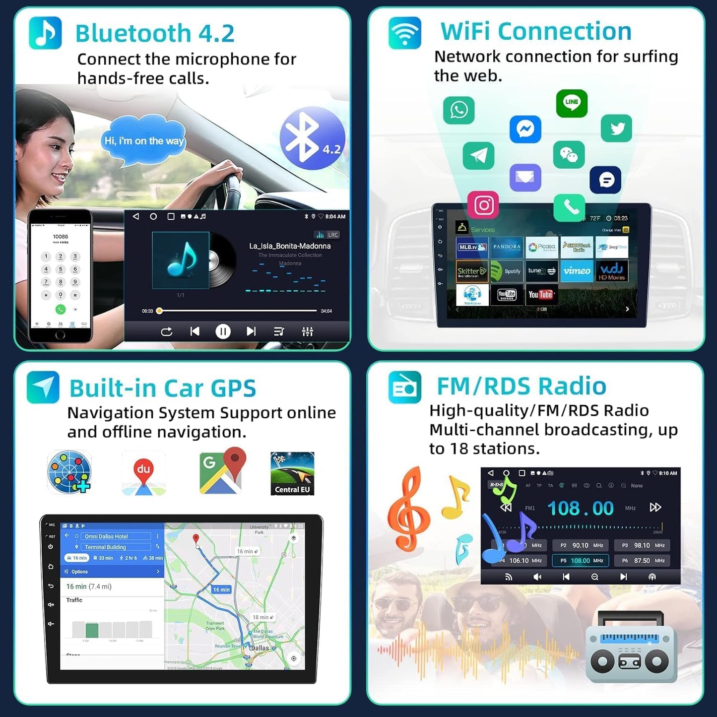 9 inch Android Car Stereo Screen 2GB RAM 32GB ROM With Apple CarPlay Android Auto Wireless WiFi DSP FM&AM BT MirrorLink Split Screen PIP GPS Navigation Video Audio Player Quick Boot
