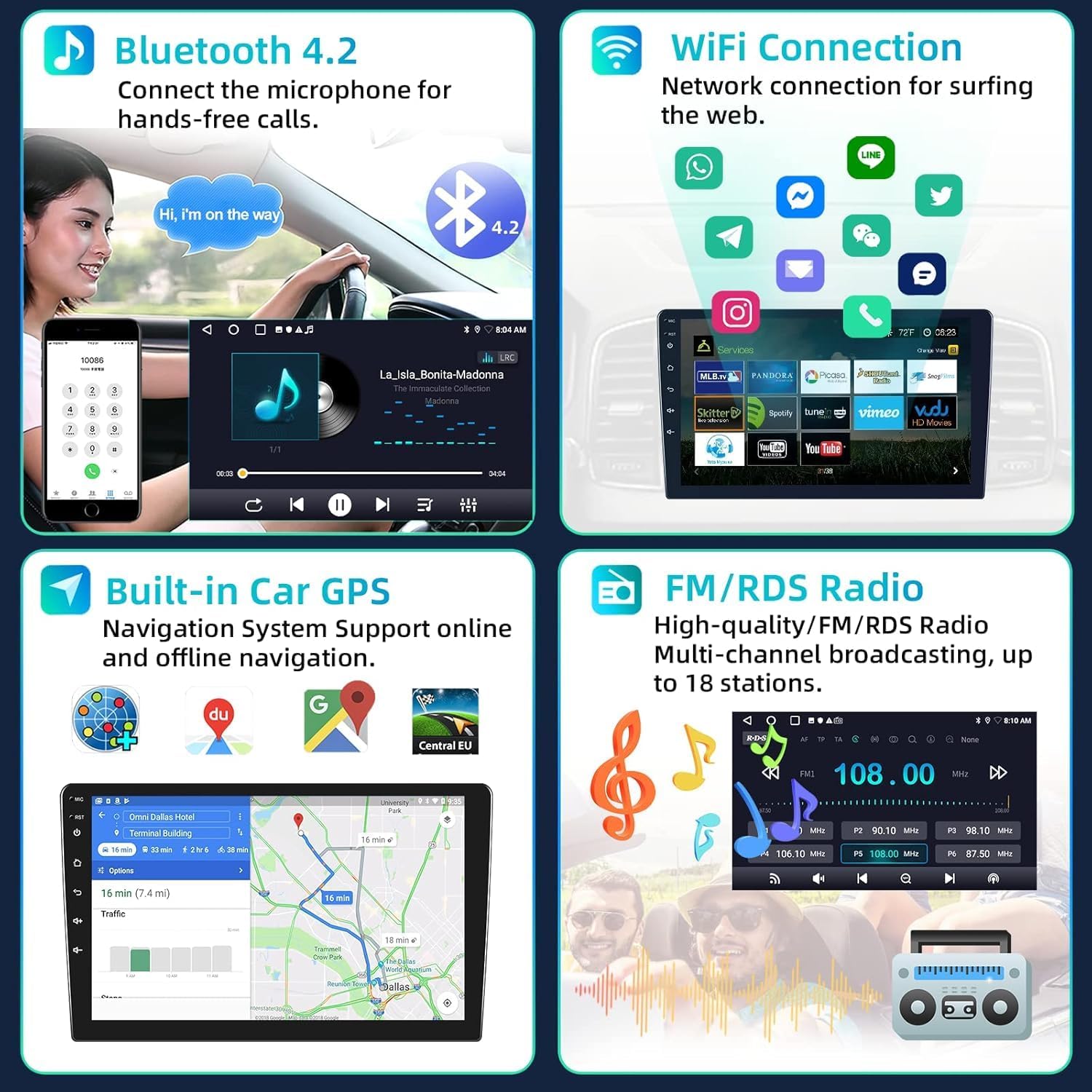 9 inch Android Car Stereo Screen 2GB RAM 32GB ROM With Apple CarPlay Android Auto Wireless WiFi DSP FM&AM BT MirrorLink Split Screen PIP GPS Navigation Video Audio Player Quick Boot